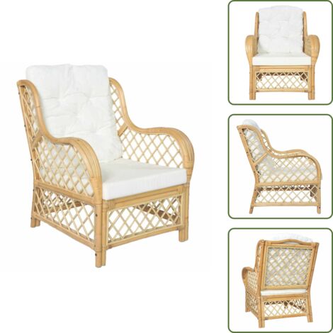 The Living Store Poltrona con Cuscino in Rattan Naturale e Lino - Poltrona in rattan e lino