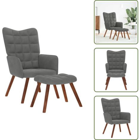 The Living Store Poltrona Relax con Sgabello in Velluto Grigio Scuro - Sgabello