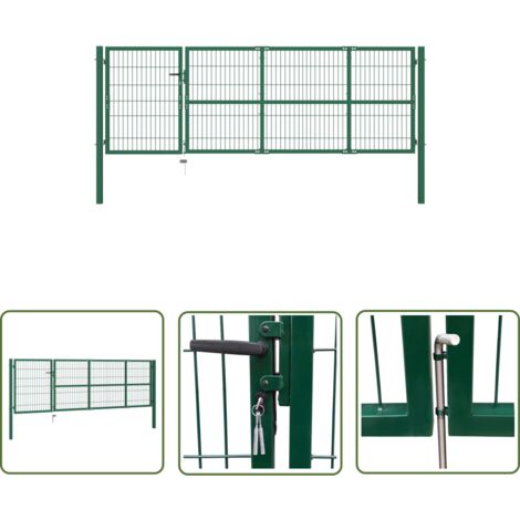 The Living Store Portail de clôture de jardin avec poteaux 350x100 cm Acier Vert - Portail De Jardin - Portillon - Clôture - Porte D'entrée - Fermeture Extérieur