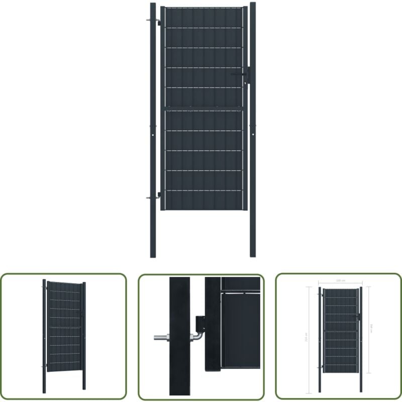 The Living Store Portail de clôture PVC et acier 100x164 cm Anthracite - Portail De Cloture - Portillon - Clôture Jardin - Porte De Jardin - Portail