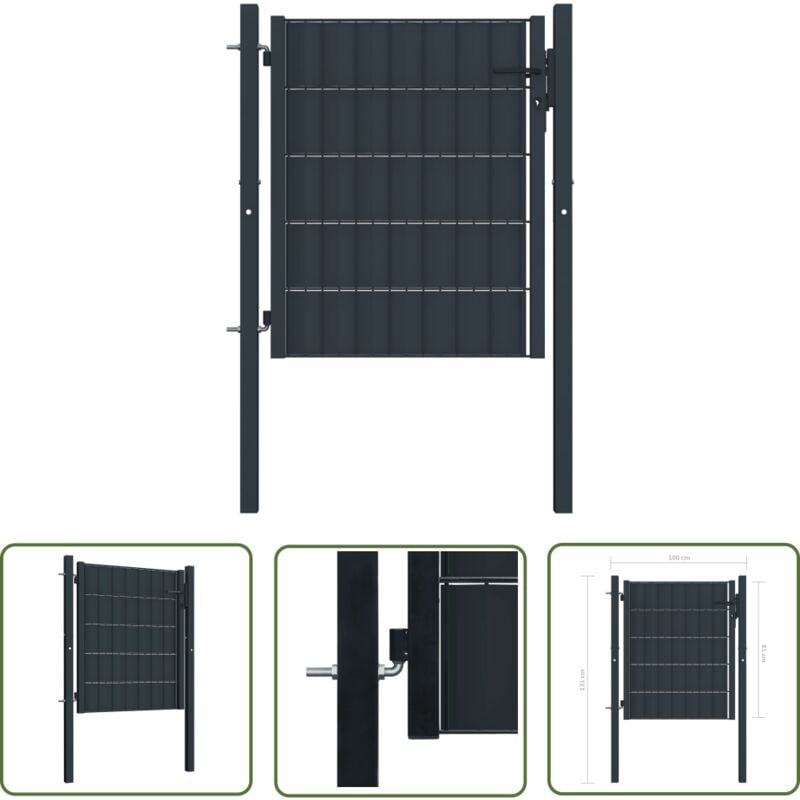 The Living Store Portail de clôture PVC et acier 100x81 cm Anthracite - Portail De Cloture - Portillon - Clôture Jardin - Porte De Jardin - Porte