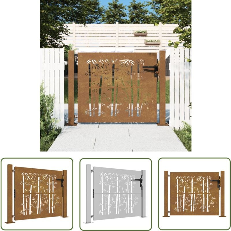 The Living Store - Portail de jardin 105x105 cm acier corten design de bambou - Portail De Jardin - Portails Métalliques - Portail En Acier - Porte