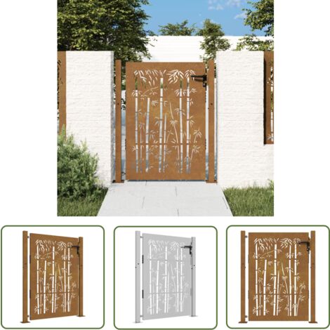 The Living Store Portail de jardin 105x155 cm acier corten design de bambou - Portails De Jardin - Portillon Métal - Portail Acier Corten - Porte D'entrée Extérieur - Clôtures Et Barrières