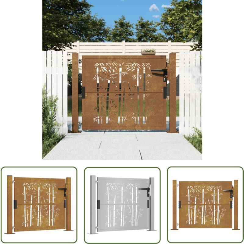 The Living Store - Portail de jardin 105x80 cm acier corten design de bambou - Portails De Jardin - Portillon - Clôture - Porte De Sécurité - Acier