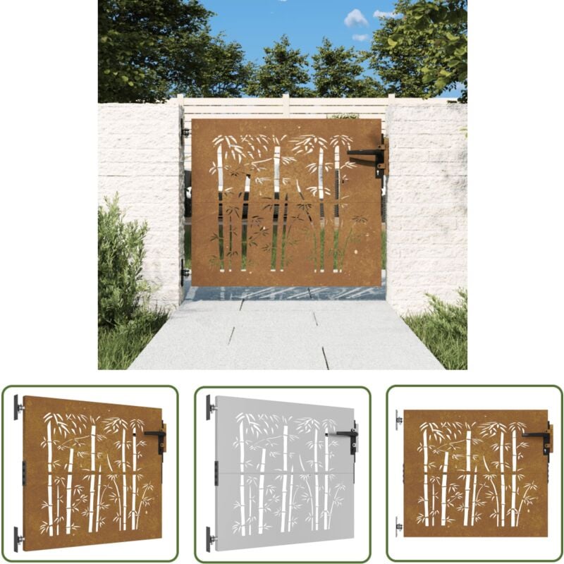 The Living Store - Portail de jardin 85x100 cm acier corten design de bambou - Portail De Jardin - Porte De Jardin - Portillon - Clôture - Acier