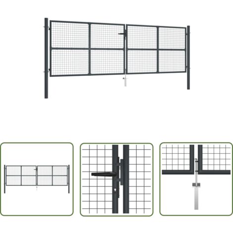 The Living Store Portail en maille de jardin Acier galvanisé 400 x 175 cm Gris - Portail De Jardin - Portillon - Clôture - Fermeture Jardin - Sécurité Jardin