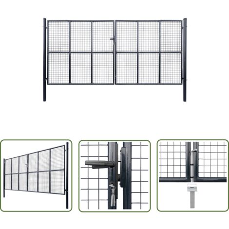 The Living Store Portail en maille de jardin Acier galvanisé 400 x 200 cm Gris - Portail Jardin - Portail Acier - Portail Design - Portillon Aluminium - Clôture Jardin