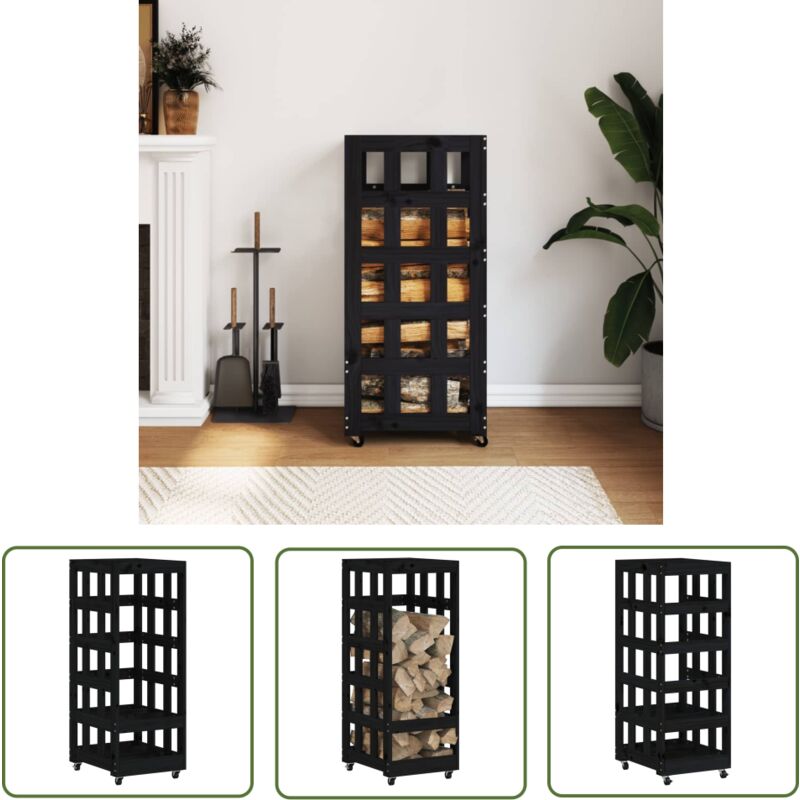 The Living Store - Porte-bûches avec roulettes noir 40x49x110 cm bois massif pin - Porte-bûches - Stockage Bois - Abri à Bûches - Rangement Cheminée