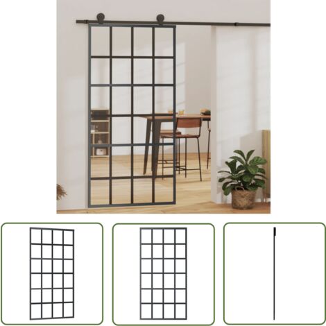The Living Store Porte coulissante Verre ESG et aluminium 102x205 cm Noir - Porte Coulissante - Porte Vitrée - Porte Aluminium - Porte Intérieure - Séparation Pièces