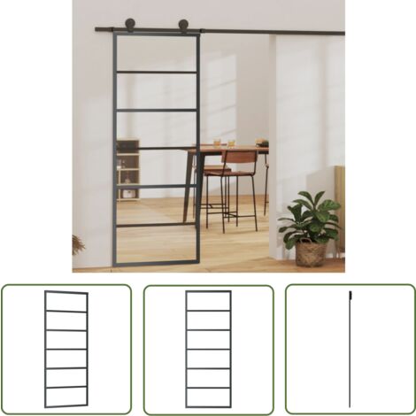 The Living Store Porte coulissante Verre ESG et aluminium 76x205 cm Noir - Portes Coulissantes - Porte Vitrée - Porte Aluminium - Porte Intérieure - Séparation Pièces