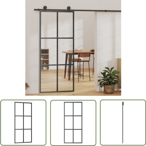 The Living Store Porte coulissante Verre ESG et aluminium 90x205 cm Noir - Portes Coulissantes - Porte Vitrée - Porte Aluminium - Porte Intérieur - Séparation Pièces