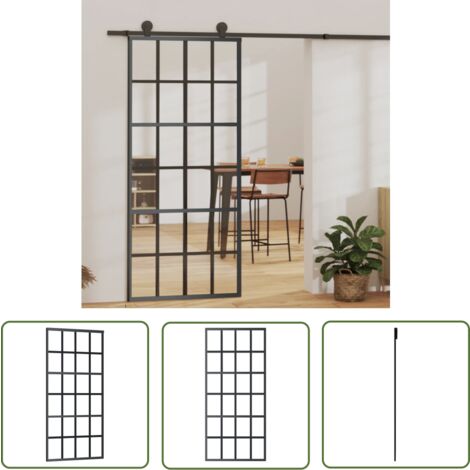 The Living Store Porte coulissante Verre ESG et aluminium 90x205 cm Noir - Portes Coulissantes - Porte Vitrée - Porte Aluminium - Porte Intérieure - Aménagement Intérieur