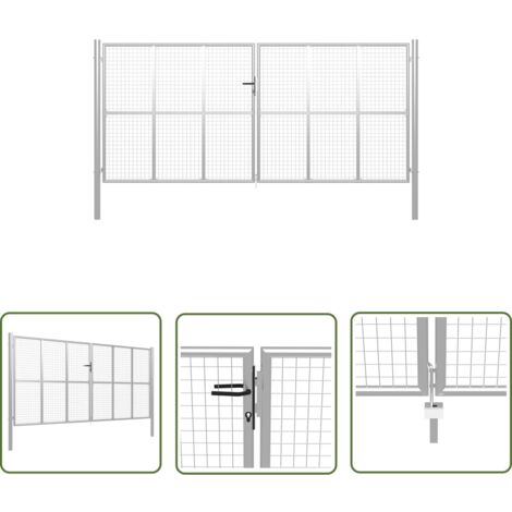 The Living Store Porte de jardin Acier galvanisé 415x225 cm Argenté - Portail Jardin - Clôture Jardin - Barriere Jardin - Portillon Aluminium - Portes D'accès