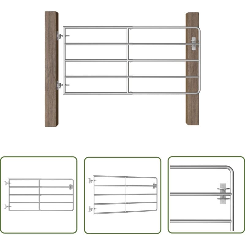 Portillon à 5 barres Acier (95-170)x90 cm Argenté - Portillon Agricole - Portails De Ferme - Clôture Cheval - Clôture Animale - Portillon Sécurisé