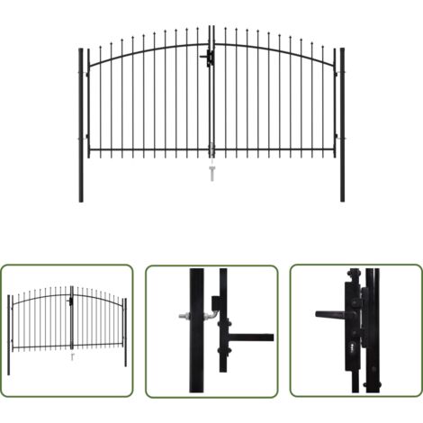 The Living Store Portillon double porte avec dessus à pointe Acier 3x1,5 m Noir - Portail De Jardin - Portillon - Clôture - Portail Aluminium - Barriere De Jardin