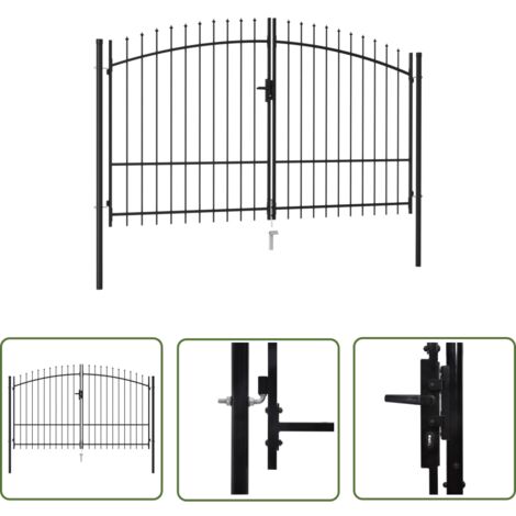The Living Store Portillon double porte avec dessus à pointe Acier 3x1,75 m Noir - Portail De Jardin - Portillon Aluminium - Clôture Moderne - Barriere Jardin - Portail Design