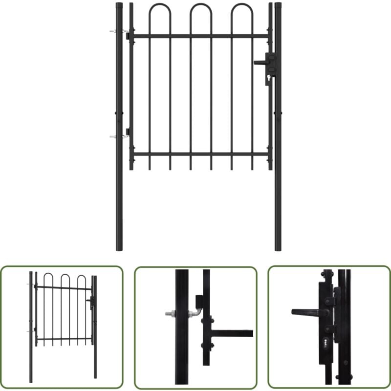 The Living Store Portillon simple porte avec dessus arqué Acier 1x1 m Noir - Portail De Jardin - Portillon - Clôture - Barriere De Jardin - Portail