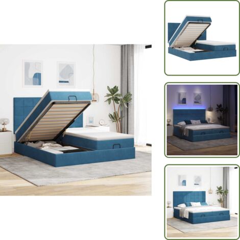 The Living Store Pouf Letto con Materassi e LED Blu Scuro 200x200cm Velluto - Materasso a molle insacchettate