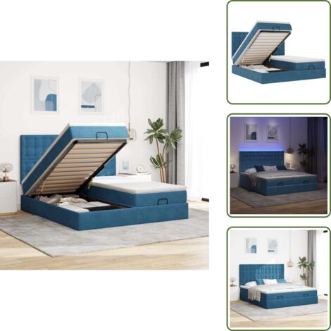 The Living Store Pouf Letto con Materassi e LED Blu Scuro 200x200cm Velluto - Materasso a molle insacchettate