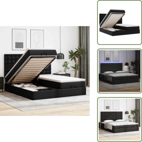 The Living Store Pouf Letto con Materassi e LED Nero 180x200cm Similpelle - Materasso a molle insacchettate