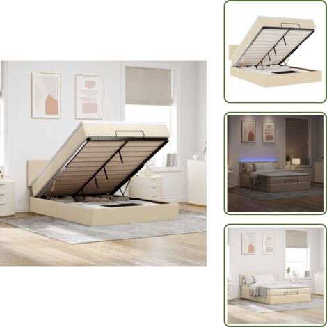 The Living Store Pouf Letto con Materasso e LED Crema 140x200 cm in Tessuto - Materasso a molle