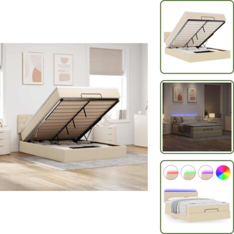 The Living Store Pouf Letto con Materasso e LED Crema 140x200 cm in Tessuto - Materasso a molle