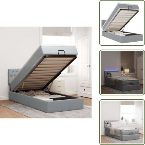The Living Store Pouf Letto con Materasso e LED Grigio Chiaro 90x200 cm Tessuto - Materasso a molle