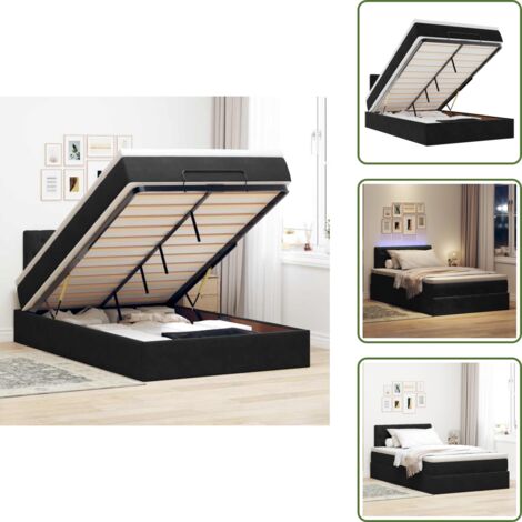 The Living Store Pouf Letto con Materasso e LED Nero 120x190cm in Velluto - Materasso a molle