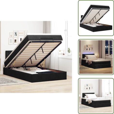 The Living Store Pouf Letto con Materasso e LED Nero 120x190cm in Velluto - Materasso a molle
