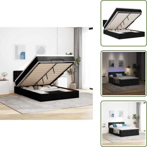 The Living Store Pouf Letto con Materasso e LED Nero 140x200 cm in Tessuto - Materasso a molle