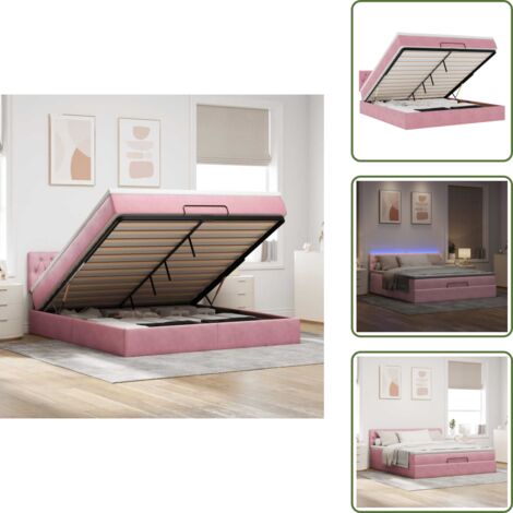The Living Store Pouf Letto con Materasso e LED Rosa 180x200cm in Velluto - Materasso a molle insacchettate