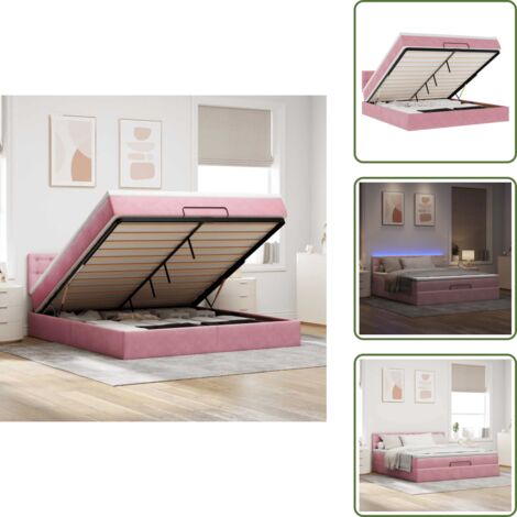 The Living Store Pouf Letto con Materasso e LED Rosa 180x200cm in Velluto - Materasso a molle insacchettate