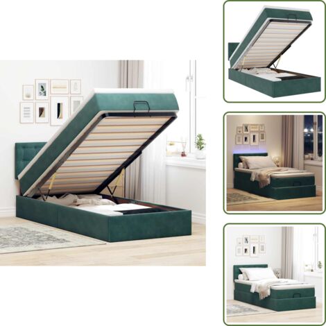 The Living Store Pouf Letto con Materasso e LED Verde Scuro 90x200cm in Velluto - Materasso a molle