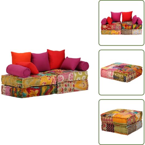 The Living Store Pouf Modulare a 2 Posti in Tessuto Patchwork - Divano letto