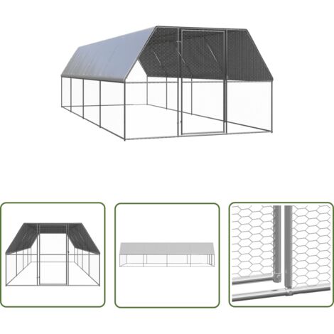 The Living Store Poulailler d'extérieur 3x8x2 m Acier galvanisé - Cage Poule - Poulailler Extérieur - Abri Animal - Volaille - Coq