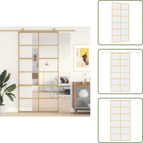 The Living Store Puerta corredera dorada de vidrio ESG transparente y aluminio - Puerta Corrediza de Vidrio