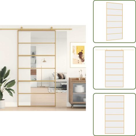 The Living Store Puerta corredera dorada de vidrio ESG transparente y aluminio - Puerta Corrediza de Vidrio