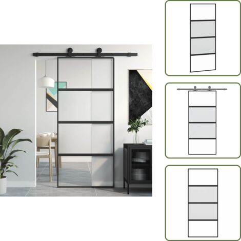 The Living Store Puerta corredera vidrio templado y aluminio negra 90x205 cm - Vidrio Templado