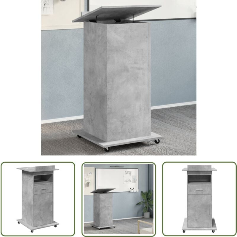 The Living Store - Pupitre avec roues et tiroir gris béton bois d'ingénierie - Bureau - Pupitre - Meuble De Bureau - Plateau Relevable - Rangement