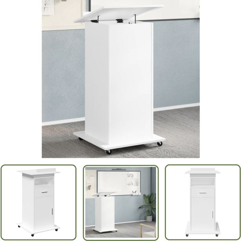 The Living Store - Pupitre et roues et tiroir blanc 55x55x107 cm bois d'ingénierie - Bureau - Meuble De Bureau - Pupitre - Plateau De Conférence