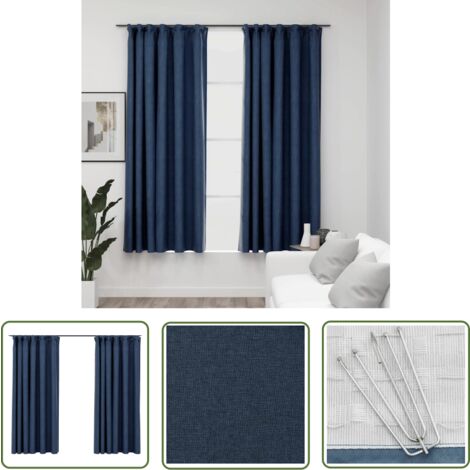The Living Store Rideaux occultants aspect lin avec crochets 2pcs Bleu 140x175cm - Rideaux Occultants - Rideaux Bleus - Rideaux Lin - Décoration Intérieure - Intimité