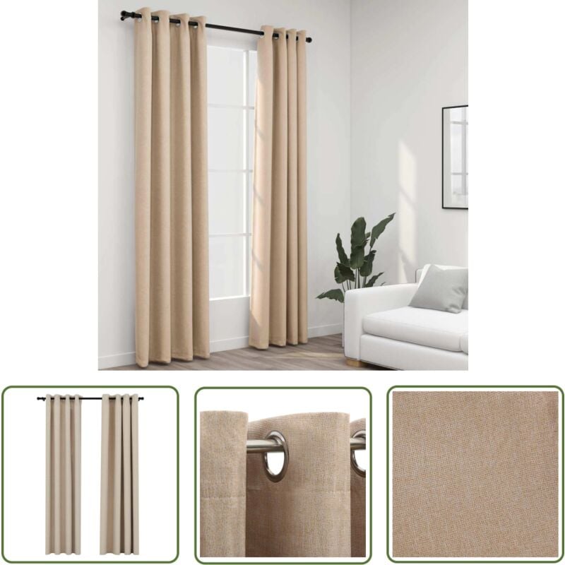 The Living Store - Rideaux occultants aspect lin avec œillets 2pcs beige 140x245cm - Rideaux Occultants - Rideaux Lin - Rideaux Beige - Décoration