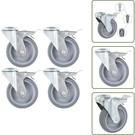 The Living Store Ruote Girevoli con Foro per Bulloni e Doppio Freno 4 pz 100 mm - Ruote per mobili