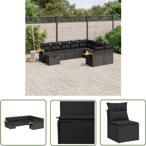 The Living Store Salon de jardin 10 pcs avec coussins noir résine tressée - Ensemble Salon De Jardin - Meuble Extérieur - Jardin Design - Mobilier De Jardin - Chaise Lounge