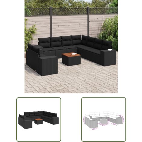 The Living Store Salon de jardin 10 pcs avec coussins noir résine tressée - Ensemble Salon De Jardin - Meuble Extérieur - Jardin Design - Mobilier De Jardin - Chaise Lounge