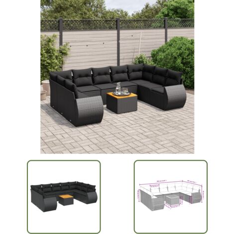 The Living Store Salon de jardin 10 pcs avec coussins noir résine tressée - Ensemble Salon De Jardin - Meuble Extérieur - Jardin Design - Mobilier De Jardin - Chaise Lounge