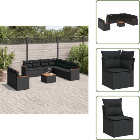 The Living Store Salon de jardin 10 pcs avec coussins noir résine tressée - Ensemble Salon De Jardin - Mobilier Extérieur - Jardin Design - Chaise Longue - Set Salon
