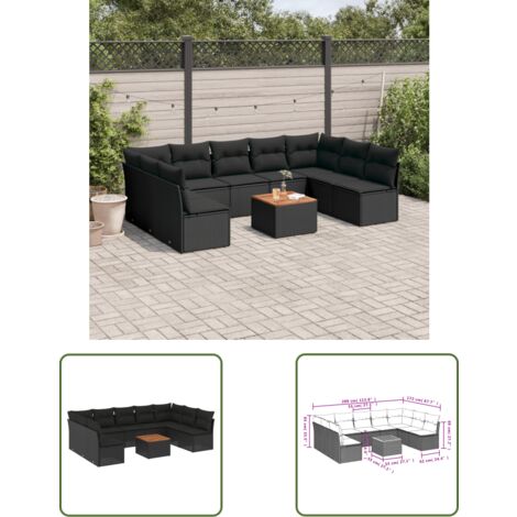 The Living Store Salon de jardin 10 pcs avec coussins noir résine tressée - Salon De Jardin - Mobilier De Jardin - Salon Extérieur - Set De Salon - Chaise Longue