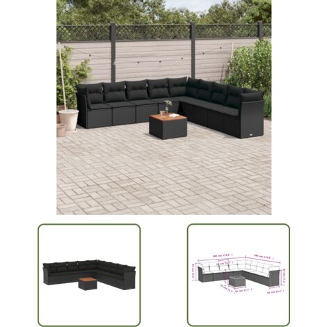The Living Store Salon de jardin 10 pcs avec coussins noir résine tressée - Salon De Jardin - Mobilier Extérieur - Salon D'extérieur - Set De Salon - Chaise Longue