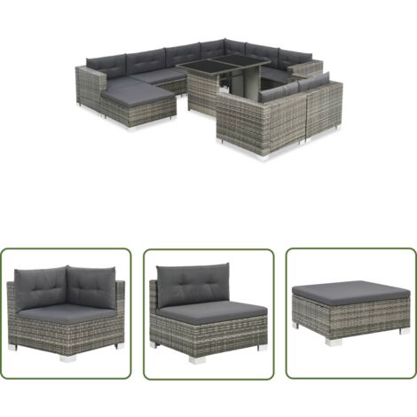 The Living Store Salon de jardin 10 pcs avec coussins Résine tressée Gris - Salon De Jardin - Mobilier De Jardin - Meubles De Jardin - Ensemble De Canapés - Canapé D'angle